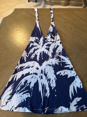 Blue and White Palm-Print One-Piece Halter Dress